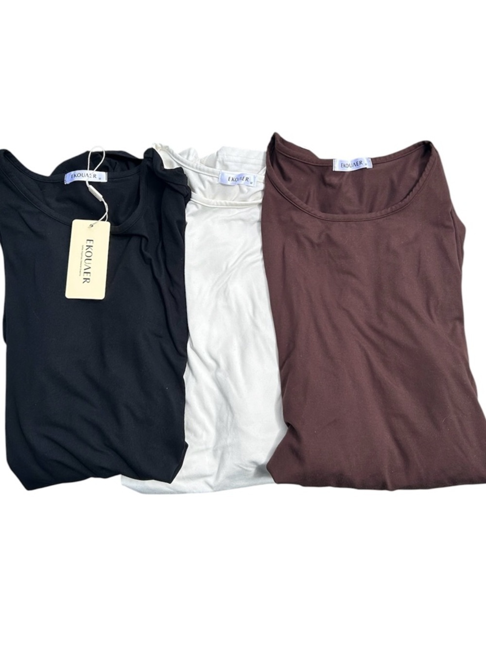 Set of 3 Ekouaer Ruched Long‑Sleeve Tops • Size M • Black/White/Brown